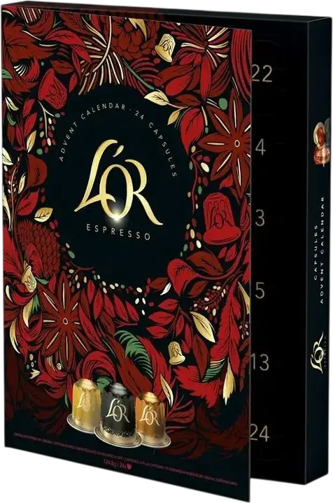 Calendar Advent L'OR Espresso, Set de 24 capsule de cafea pentru aparate Nespresso Original, 124.8g, Sortiment Espresso, Lungo, Decaf si Arome
