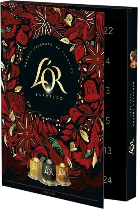 Calendar Advent L'OR Espresso, Set de 24 capsule de cafea pentru aparate Nespresso Original, 124.8g, Sortiment Espresso, Lungo, Decaf si Arome