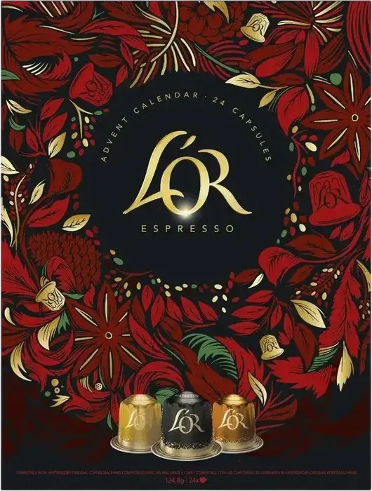 Calendar Advent L'OR Espresso, Set de 24 capsule de cafea pentru aparate Nespresso Original, 124.8g, Sortiment Espresso, Lungo, Decaf si Arome