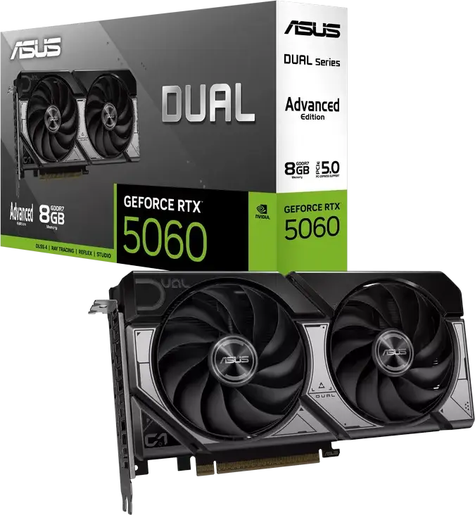 ASUS Dual GeForce RTX 5060 OC Edition Advanced DUAL-RTX5060-O8G-A, 8GB GDDR7, NVIDIA Blackwell, Dual Axial-tech Fans, PCI-E 5.0, DLSS 4.5