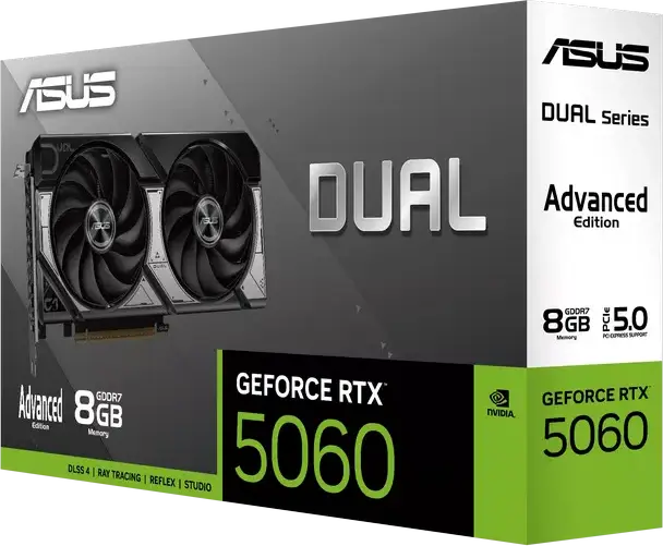 ASUS Dual GeForce RTX 5060 OC Edition Advanced DUAL-RTX5060-O8G-A, 8GB GDDR7, NVIDIA Blackwell, Dual Axial-tech Fans, PCI-E 5.0, DLSS 4.5