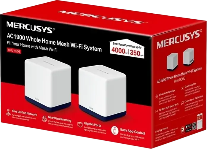 Sistem Mesh Wi-Fi MERCUSYS Halo H50G AC1900 pentru intreaga casa, Set de 2 piese, Dual-Band 1.9 Gbps, 3 Porturi Gigabit, Roaming fara cusure, Alb