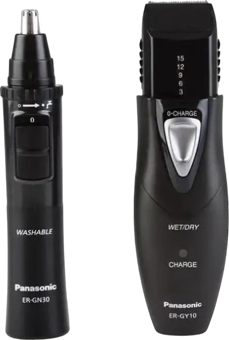 Set de 2 piese Panasonic ER-GY10, Trimmer pentru Barba si Nas/Urechi cu ER-GN30, Lame din Otel Inoxidabil, 26 Setari Lungime (0.5-25mm), Negru