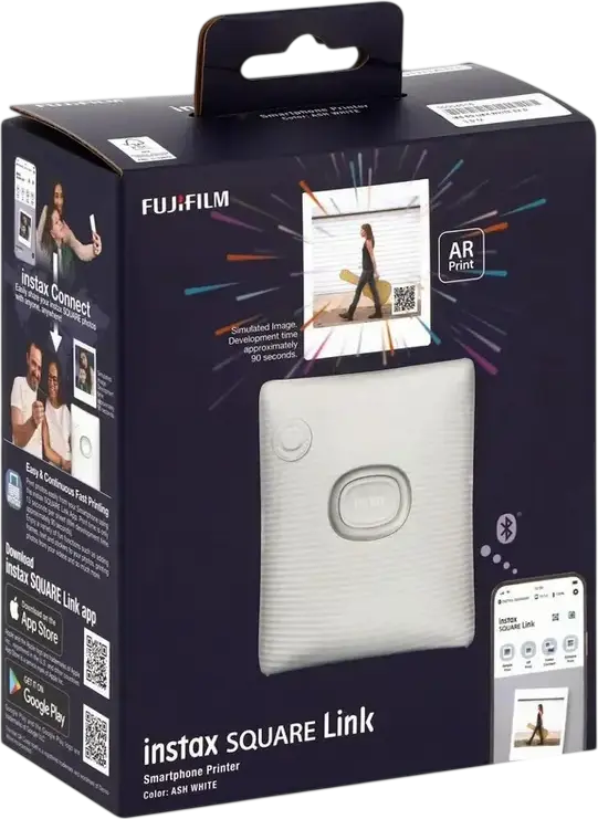 Fujifilm Instax Square Link Smartphone Printer, Ash White, Bluetooth 4.2, 62x62mm Instant Film, AR Print, iOS/Android Compatible