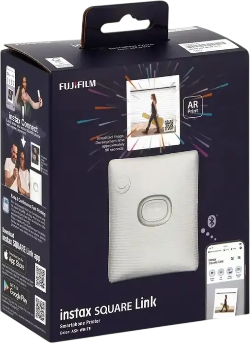 Fujifilm Instax Square Link Smartphone Printer, Ash White, Bluetooth 4.2, 62x62mm Instant Film, AR Print, iOS/Android Compatible