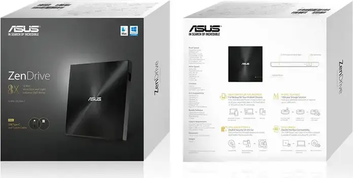 Внешний ультратонкий DVD-RW привод ASUS ZenDrive U9M (SDRW-08U9M-U), интерфейс USB Type-C и Type-A, поддержка M-DISC, Цвет: черный, толщина 13.9 мм