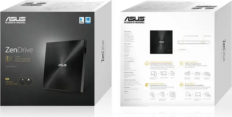ASUS ZenDrive U9M (SDRW-08U9M-U) External Slim DVD-RW Drive, USB Type-C and Type-A, M-DISC Support, Color: Black, Ultraslim 13.9mm