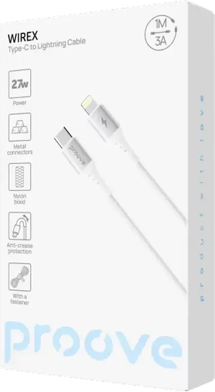 Proove WireX USB-C to Lightning Cable, 27W Fast Charging, 3A, Nylon Braid Aluminum Alloy Connectors, Synchronization, White, 1m