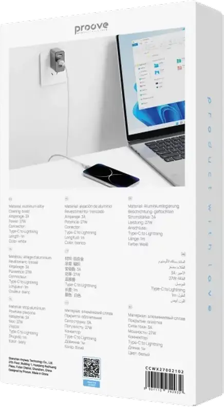 Proove WireX USB-C to Lightning Cable, 27W Fast Charging, 3A, Nylon Braid Aluminum Alloy Connectors, Synchronization, White, 1m