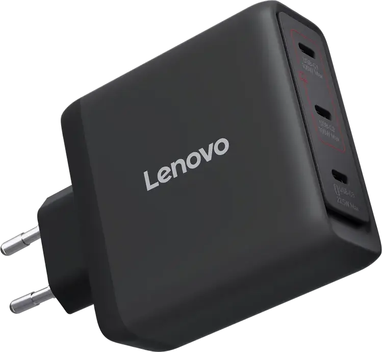 Lenovo 100W GaN Multi-port USB-C Charger, 3x USB Type-C Ports (100W+100W+22.5W), EU Plug, Black, includes USB-C Cable