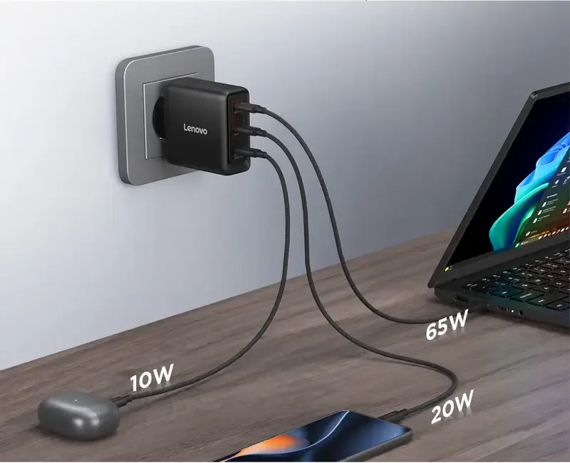 Lenovo 100W GaN Multi-port USB-C Charger, 3x USB Type-C Ports (100W+100W+22.5W), EU Plug, Black, includes USB-C Cable