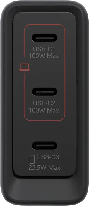 Lenovo 100W GaN Multi-port USB-C Charger, 3x USB Type-C Ports (100W+100W+22.5W), EU Plug, Black, includes USB-C Cable