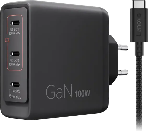 Lenovo 100W GaN Multi-port USB-C Charger, 3x USB Type-C Ports (100W+100W+22.5W), EU Plug, Black, includes USB-C Cable