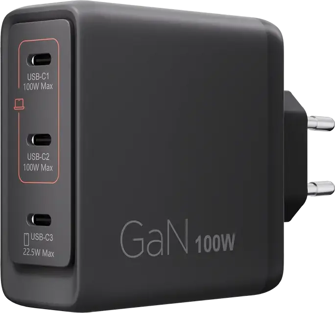 Lenovo 100W GaN Multi-port USB-C Charger, 3x USB Type-C Ports (100W+100W+22.5W), EU Plug, Black, includes USB-C Cable