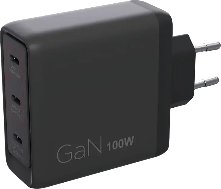 Lenovo 100W GaN Multi-port USB-C Charger, 3x USB Type-C Ports (100W+100W+22.5W), EU Plug, Black, includes USB-C Cable