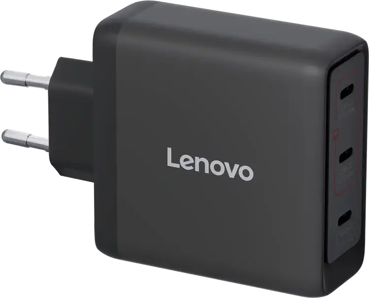Lenovo 100W GaN Multi-port USB-C Charger, 3x USB Type-C Ports (100W+100W+22.5W), EU Plug, Black, includes USB-C Cable