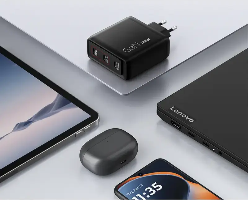 Lenovo 100W GaN Multi-port USB-C Charger, 3x USB Type-C Ports (100W+100W+22.5W), EU Plug, Black, includes USB-C Cable