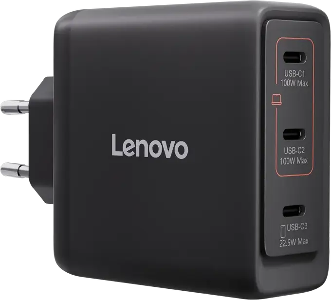 Lenovo 100W GaN Multi-port USB-C Charger, 3x USB Type-C Ports (100W+100W+22.5W), EU Plug, Black, includes USB-C Cable