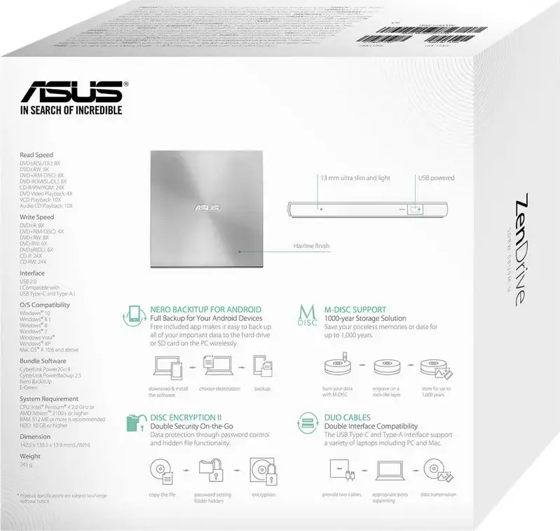 ASUS ZenDrive U9M (SDRW-08U9M-U) External Slim DVD-RW Drive, USB Type-C and Type-A, M-DISC Support, Silver, Ultraslim 13.9mm