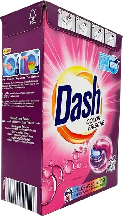 Capsule Dash Color Detergent pentru Rufe Colorate, Formula 3-in-1, Mentinerea Stralucirii, Pack XXL, Set de 60 capsule, AM01872