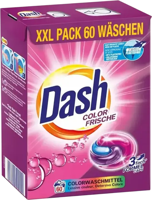 Capsule Dash Color Detergent pentru Rufe Colorate, Formula 3-in-1, Mentinerea Stralucirii, Pack XXL, Set de 60 capsule, AM01872