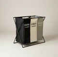 Sorter Rufe cu 3 Compartimente si Rama Neagra Pliabila in forma de X, Saci Etichetati pentru Rufe Inchise Deschise si Colorate, 55x33x52 cm