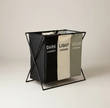 Coș de rufe cu 3 compartimente, rama neagra, 55x33x52
