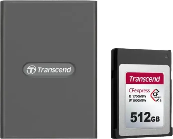 Cititor de carduri Transcend TS-RDE2 CFexpress Type B, USB 3.2 Gen 2x2 20Gbps, Conectori USB Type-C si Type-A, Gri, Cover din Silicon Rezistent la Caldura