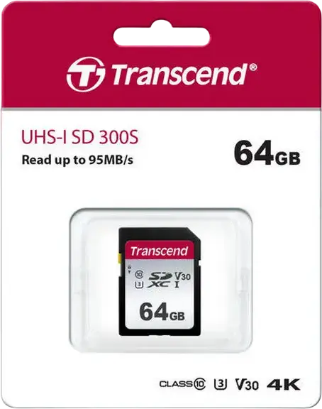 Card de Memorie Transcend SD 300S 64GB SDXC, UHS-I U3 V30 Clasa 10, Viteza Citire 95MB/s, Scriere 45MB/s, Suport Video 4K, TS64GSDC300S