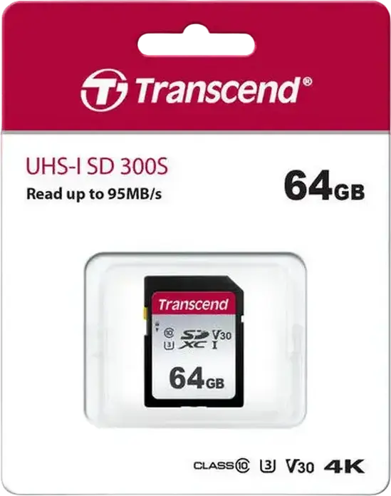 Card de Memorie Transcend SD 300S 64GB SDXC, UHS-I U3 V30 Clasa 10, Viteza Citire 95MB/s, Scriere 45MB/s, Suport Video 4K, TS64GSDC300S