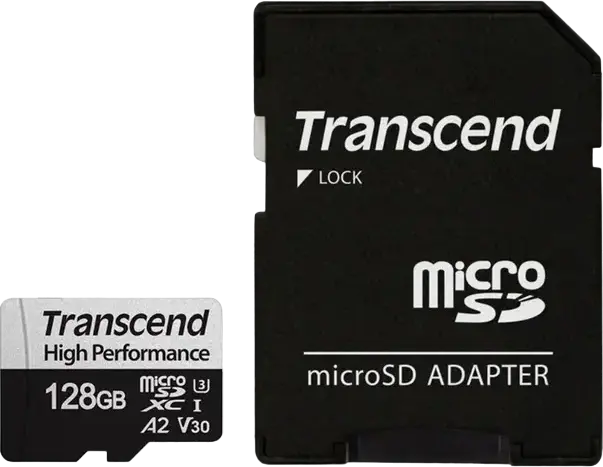 Карта памяти Transcend TS128GUSD340S 128GB microSDXC UHS-I U3 V30 A2 Class 10, чтение 160МБ/с, запись 125МБ/с, 3D NAND, с адаптером SD, набор из 2 предметов