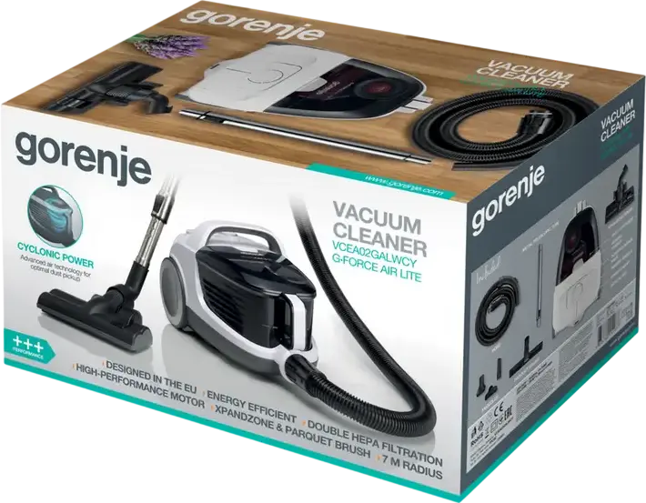 Aspirator fara sac Gorenje VCEA02GALWCY G-FORCEAIR LITE, 700W, Putere Suctie 180W, Container Ciclonic 3.3L, Filtru HEPA, Perie XpandZone, Set de 3 Duze