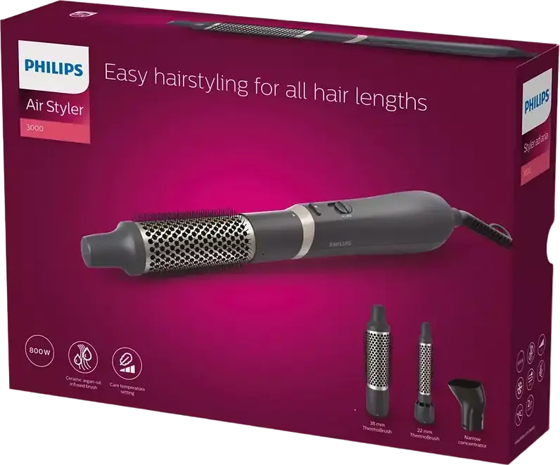 Стайлер для волос Philips BHA301/00 серии 3000, 800 Вт, керамическое покрытие с аргановым маслом, 3 режима температуры, 2 режима потока воздуха, серый, набор из 3 аксессуаров