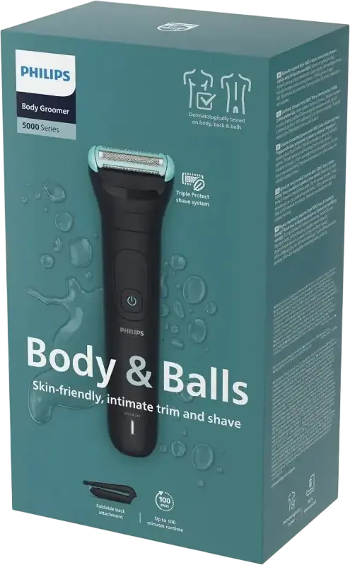 Philips BG5470/15 5000 Series Body Groomer, Triple Protect Shave System, Wet & Dry Waterproof, 100 min Runtime, Black, Set of 6 Pieces