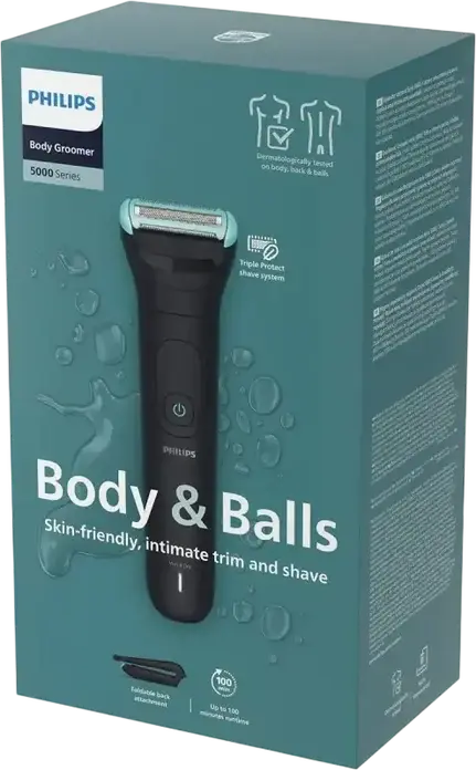 Philips BG5470/15 5000 Series Body Groomer, Triple Protect Shave System, Wet & Dry Waterproof, 100 min Runtime, Black, Set of 6 Pieces