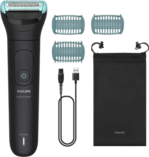 Philips BG5470/15 5000 Series Body Groomer, Triple Protect Shave System, Wet & Dry Waterproof, 100 min Runtime, Black, Set of 6 Pieces