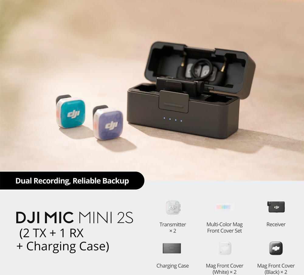 Комплект из 3 предметов беспроводной петличный микрофон DJI Mic Mini 2S (2 TX, 1 RX) с зарядным кейсом, 32-битная запись float, AI-шумоподавление, черный