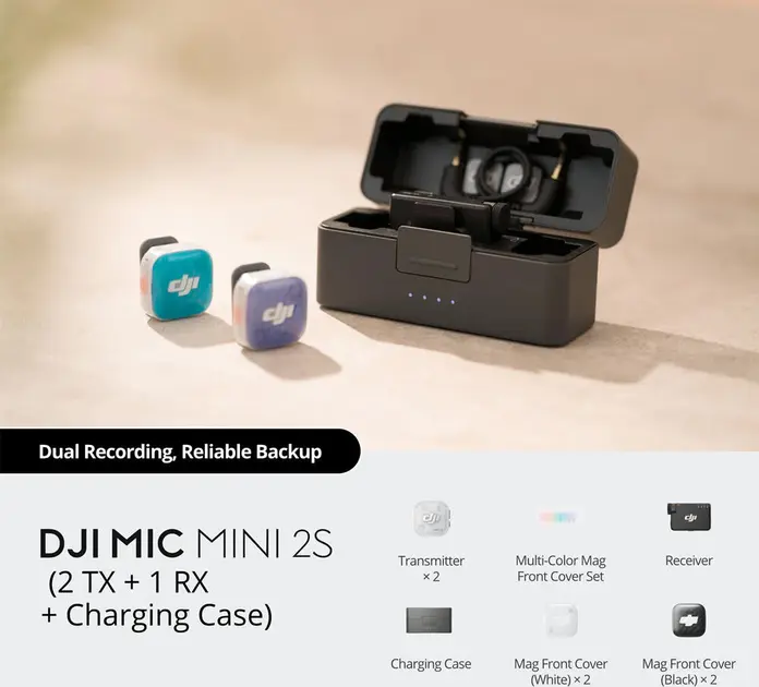 Комплект из 3 предметов беспроводной петличный микрофон DJI Mic Mini 2S (2 TX, 1 RX) с зарядным кейсом, 32-битная запись float, AI-шумоподавление, черный