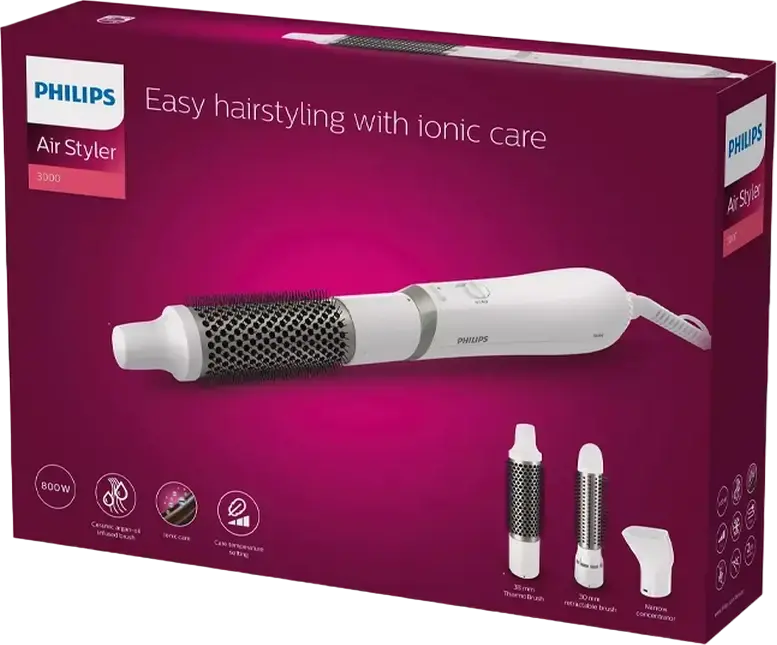 Perie Uscător de Păr Philips BHA303/00 Seria 3000, Air Styler 800W Ceramică și Ionizare, 3 Trepte Temperatură, Alb, Set de 3 piese
