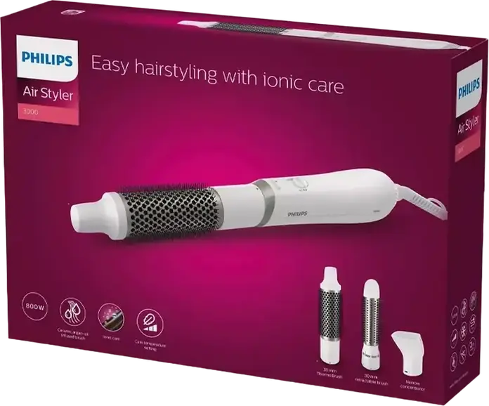 Perie Uscător de Păr Philips BHA303/00 Seria 3000, Air Styler 800W Ceramică și Ionizare, 3 Trepte Temperatură, Alb, Set de 3 piese