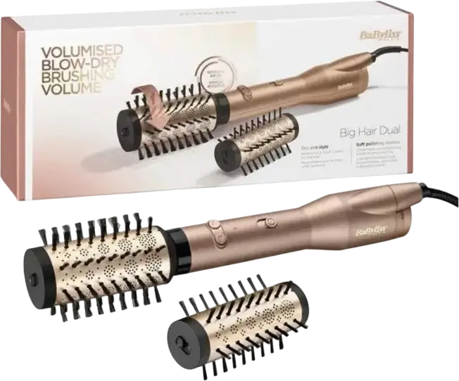 BaByliss AS953SE Big Hair Duo Rotating Hot Air Styler Blow-Dry Brush, 650W, Ceramic Coating, Ionic Technology, Set of 2 Brush Attachments, Gold/Grey