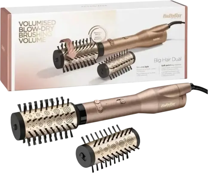 BaByliss AS953SE Big Hair Duo Rotating Hot Air Styler Blow-Dry Brush, 650W, Ceramic Coating, Ionic Technology, Set of 2 Brush Attachments, Gold/Grey