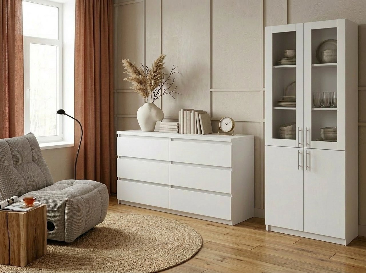 Комод Fabrik Home Havana 6, скандинавский минимализм, белый ЛДСП, 6 глубоких ящиков с интегрированными ручками, размер 1586x800x380 мм