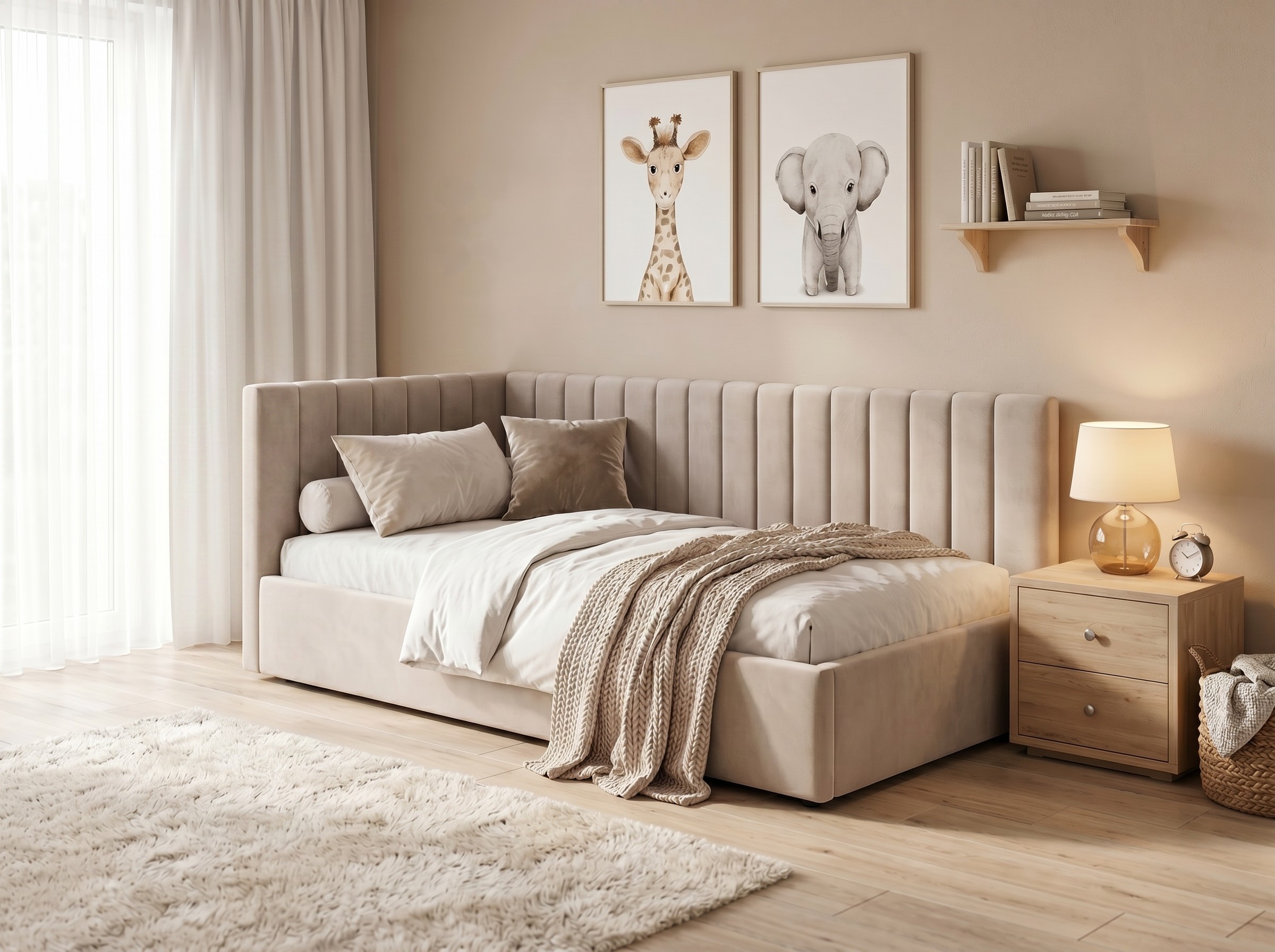 Interdepo OLVIA 90 Bed with Lifting Mechanism and Storage Box, Metal Frame, Fabric Upholstery, 90x200 cm, Beige