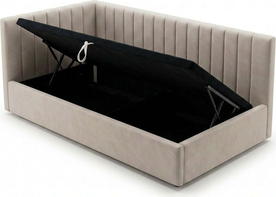 Interdepo OLVIA 90 Bed with Lifting Mechanism and Storage Box, Metal Frame, Fabric Upholstery, 90x200 cm, Beige