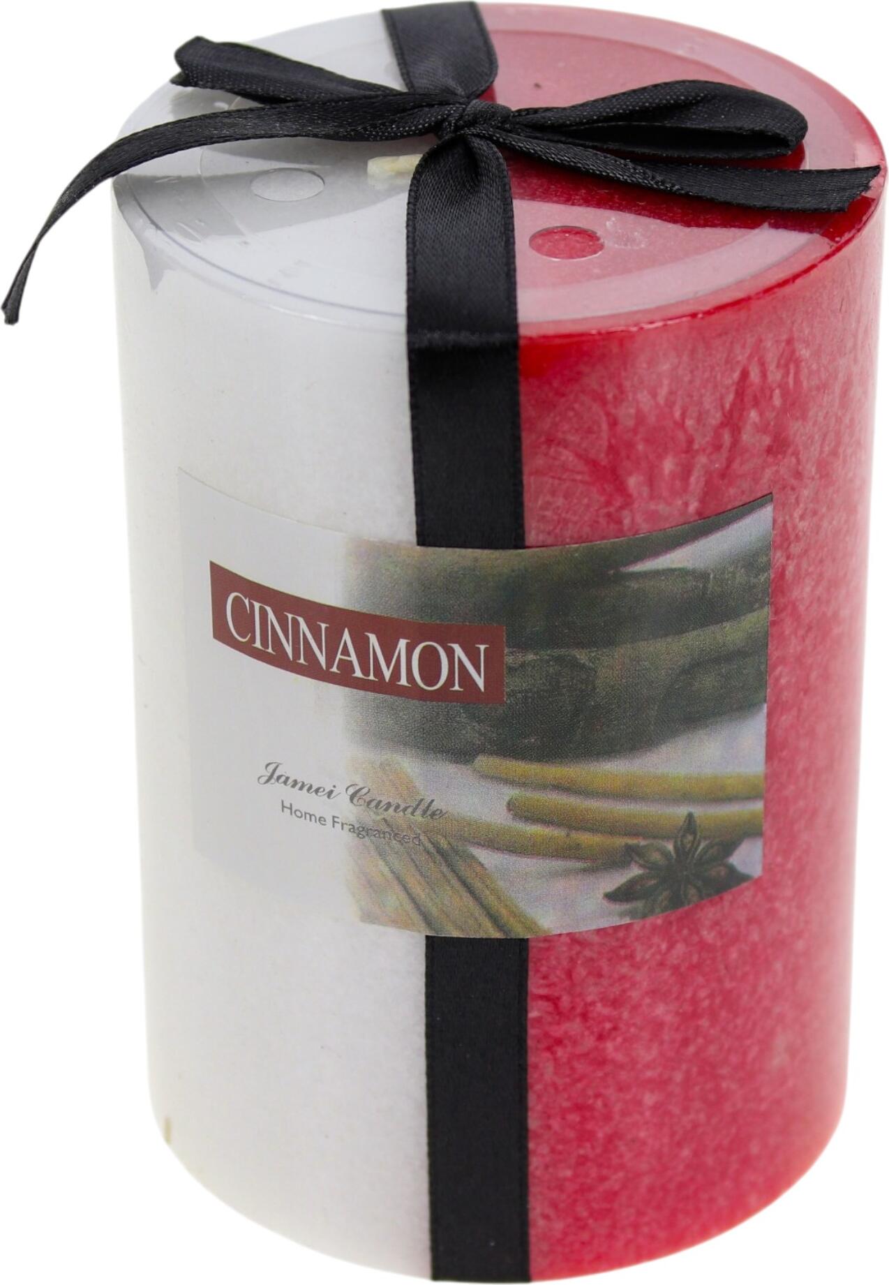 Ароматическая свеча Jamei Candle с запахом корицы, цилиндрическая, бело-красная, 7x10 см, 345г, с декоративной черной лентой, 256P34