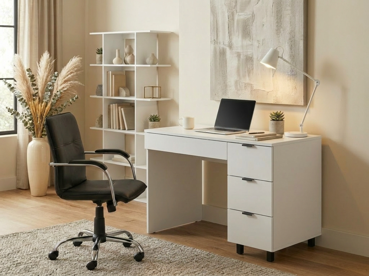 Fabrik Home ARM Desk, White Ash Laminated Particle Board, 1000x600x750mm, 4 Drawers with Ball-Bearing Guides, Ergonomic Design