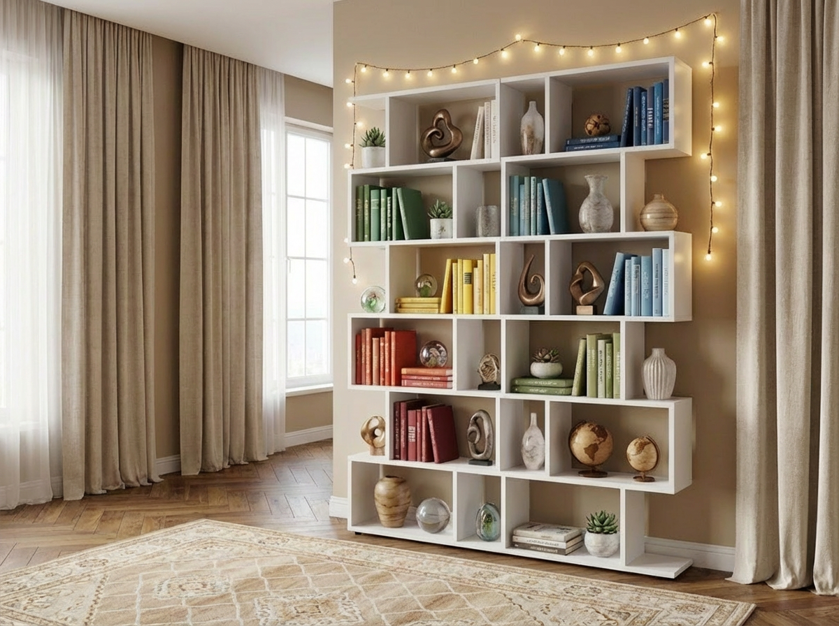 Fabrik Home WALLY Open Asymmetric Shelving Unit, Laminated Chipboard, White Ash, 800x1800x250 mm, Room Divider for Books and Decor