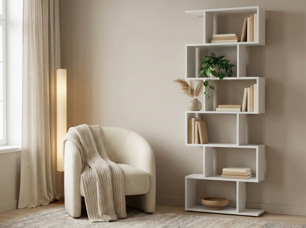Fabrik Home WALLY Open Asymmetric Shelving Unit, Laminated Chipboard, White Ash, 800x1800x250 mm, Room Divider for Books and Decor