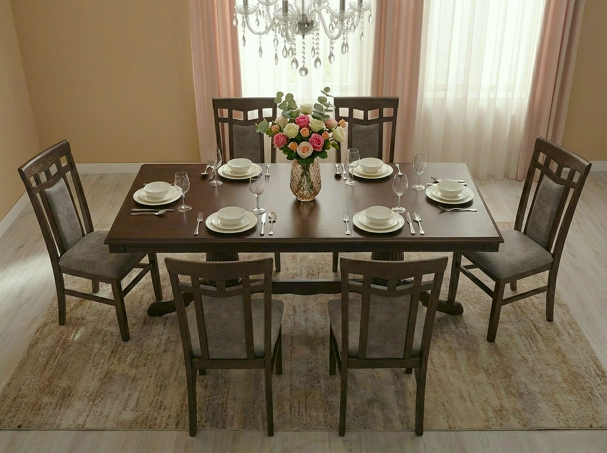 Elegance Dining Chair, Solid Wood, Walnut Finish, Brown Soft Textile Upholstery, Carved Frame, 450x910x470 mm